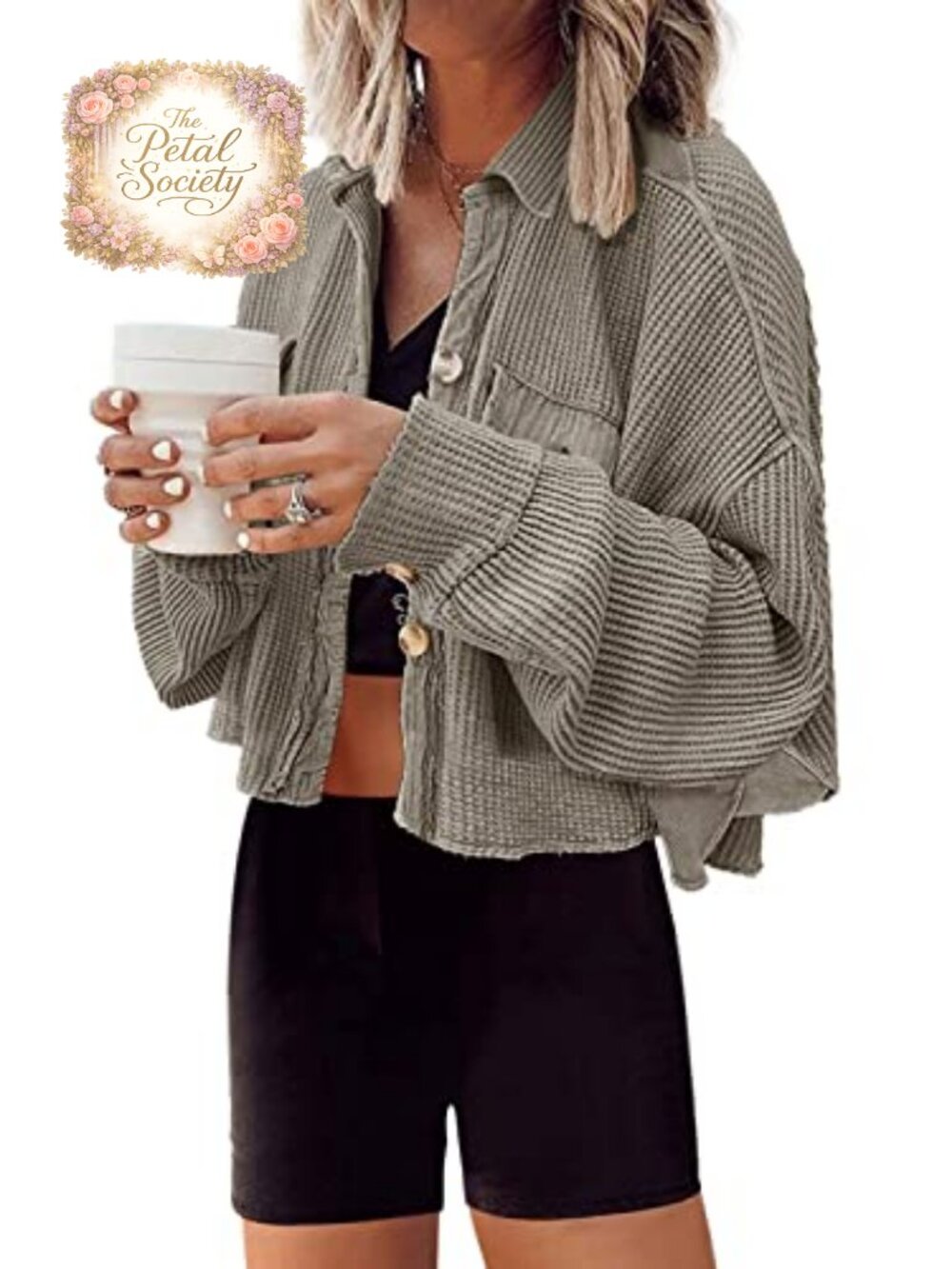 Waffle Knit Cropped Cardigan Button Down Oversized Shacket